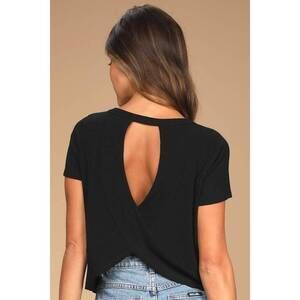 Lulus Boosted Basic Black Ribbed Cutout Short Sleeve Top - Size M